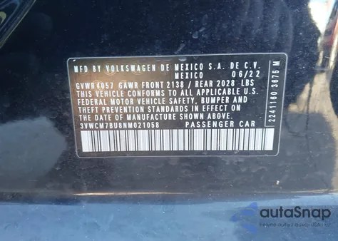 2022 Volkswagen Jetta 1.5T S из США, поврежденный, VIN 3VWCM7BU8NM021058